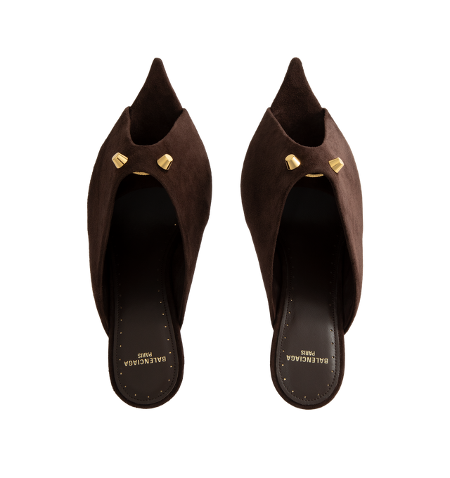 Image 4 of 4 - BROWN - Balenciaga Women's Midnight City Mule is crafted from suede goatskin and features an open-toe silhouette, a deep low-cut vamp, and a sculptural construction. Adorned with two signature City studs, this elevated mule is finished with a sculptural heel, Balenciaga Paris logo at the insole, small gold perforations along the insole edges, a tone-on-tone covered heel, and a black sole. Main Material: Goatskin Suede. Sole: Calfskin. Insole: Lambskin. Heel Height: 95 mm / 3.7 in. Made in Ita 