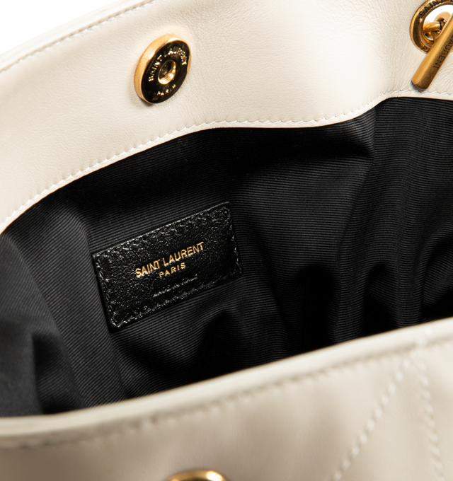 Image 3 of 3 - WHITE - SAINT LAURENT Jamie Shopping Bag Small in lambskin featuring the cassandre and CARR RIVE GAUCHE topstitching, chain strap, removable zip pouch, a chain and drawstring ties allow the sides to be cinched or expanded to create different silhouettes, grosgrain lining, bronze-tone hardware and magnetic closure. 10.6" x 11.4" x 4.3". Strap drop: 9.8". Lambskin. Made in Italy. 