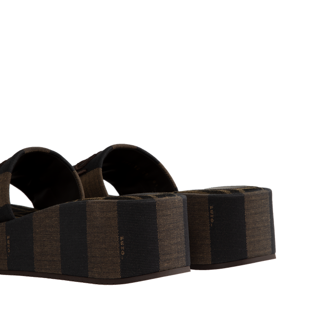 Image 3 of 4 - BROWN - FENDI Sunshine 65MM Pequin Striped Platform Slides featuring bold logo lettering embroidered, platform sole, open toe and slips on. 65MM. Cotton/acetate upper. Plastic sole. Made in Italy. 