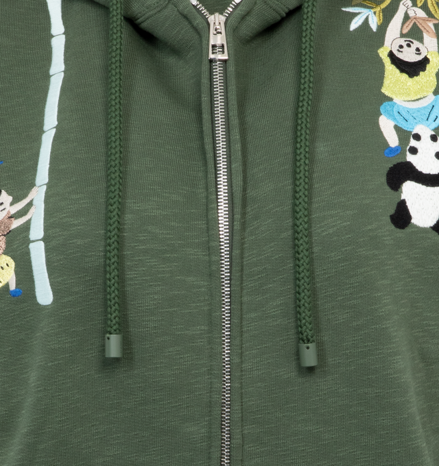 Image 3 of 3 - GREEN - LOEWE Zip-Up Hoodie featuring relaxed fit, long length, Panda and Parrot embroideries at the front, hooded collar with drawstring, rib knit cuffs and hem, zip front fastening, kangaroo pockets and LOEWE embossed leather tab placed at the hem. Cotton. Made in Portugal. 