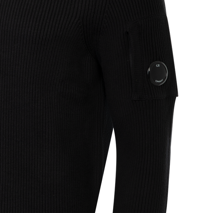 Image 3 of 3 - BLACK - C.P. COMPANY Full Rib Crewneck Lens Sweater featuring a stretch cotton/nylon blend with an English rib knit construction, iconic Lens detail, gauge 7 and regular fit. 71% cotton, 29% polyamide/nylon.   