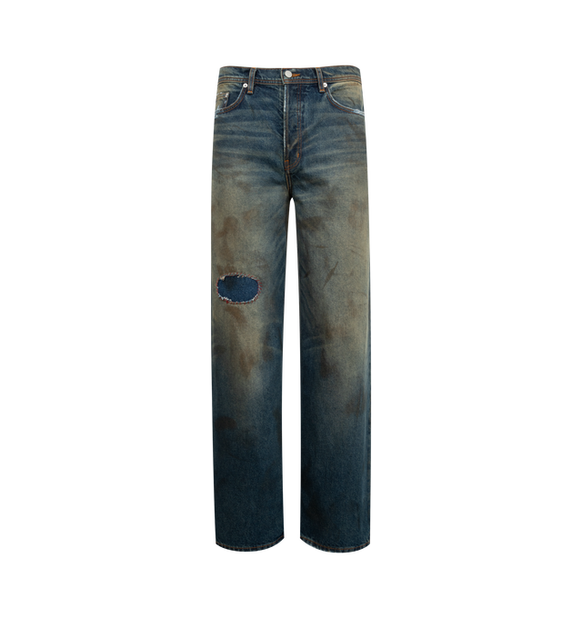 Image 1 of 3 - BLUE - Enfants Riches Deprimes Corpse Pose Jeans are a 5-pocket style with a button fly, overall distressing, and an embossed logo patch. 100% cotton. Made in USA.  