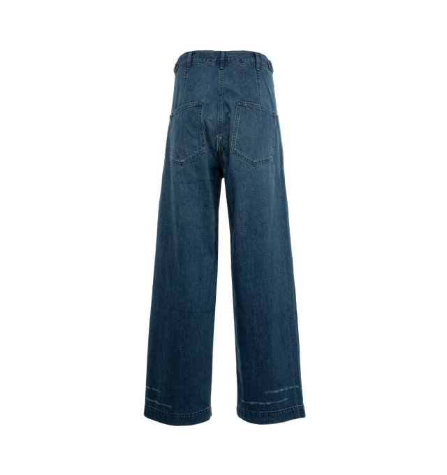 Image 2 of 3 - BLUE - CHIMALA Denim Deck Trouser featuring worn in vintage finish and hand distressing throughout, wide leg relaxed through thigh with distinctive low slung pockets, high rise with adjustable tab and button detailing at waist for versatile fit. 100% cotton. 