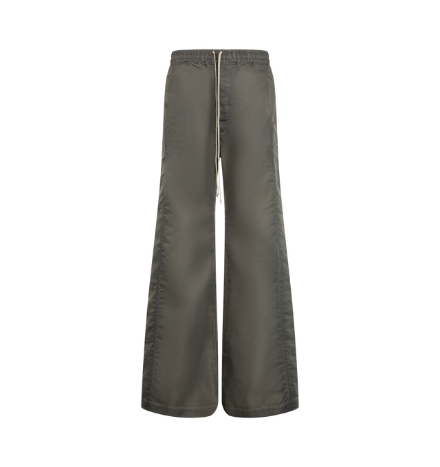 Image 1 of 3 - GREY - Rick Owens DRKSHDW Men's Wide Pusher Pants are crafted from washed bomber satin and feature a floor-length wide-leg silhouette with a slightly dropped crotch, an elasticized drawstring waistband, side pockets, flap back pockets, and snap closures along the outer legs that can be worn open or closed. Main Material: 100% Nylon.  