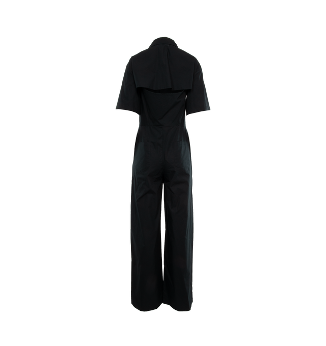 Image 2 of 4 - BLACK - ARMARIUM Roman Wide-Leg Jumpsuit featuring a rain shield back cutout and double-pleated front, point collar, concealed button front, short sleeves, side slip pockets, back patch pockets, wide legs and full length. 100% cotton. Made in Italy. 