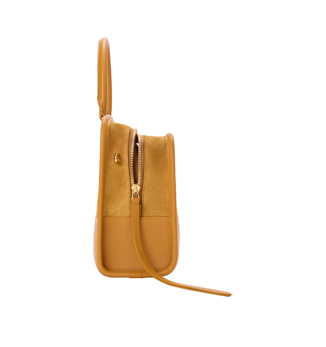 Image 8 of 16 - YELLOW - Loewe Women's Amazona 180 Medium Bag is crafted from suede and calf leather and features a relaxed silhouette with a single toron top handle, a concealed magnetic closure, and removable shoulder and crossbody straps. Designed with two compartments, an internal flat pocket, and a side D-ring for personalization, this versatile style can be carried by hand, over the shoulder, or crossbody. Suede lining and embossed LOEWE branding complete the design. Main Material: Suede/Calf Leather. 
