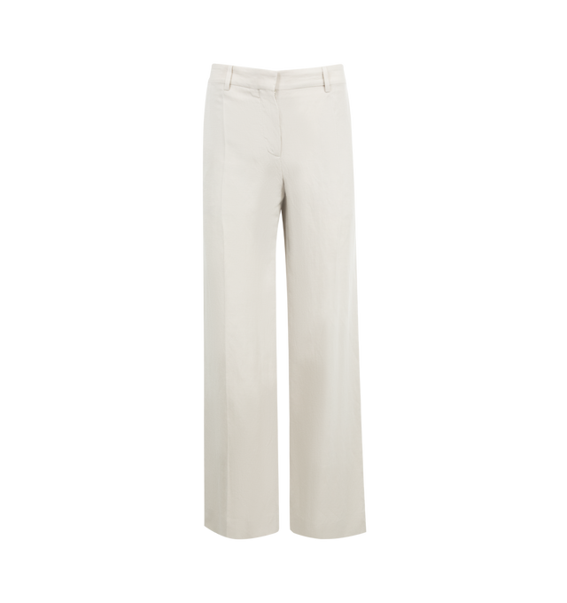 Image 1 of 3 - WHITE - THE ROW Noxy Pant featuring mid-rise tailored trouser in woven silk and linen with wide leg, pressed front and back creases, and slanted side pockets. 52% silk, 48% linen. Lined in 100% silk. Made in Italy. 