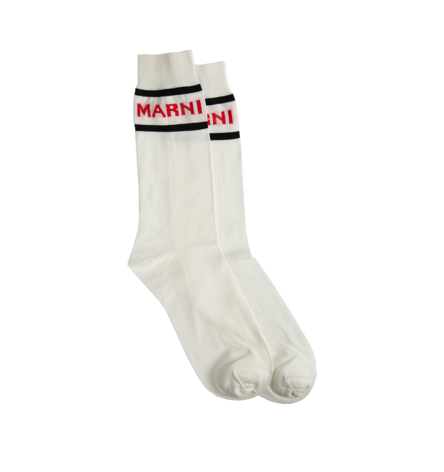 WHITE - MARNI SOCKS featuring rib knit cuffs, jacquard logo at face and logo printed at sole. 80% cotton, 20% nylon. Made in Italy.