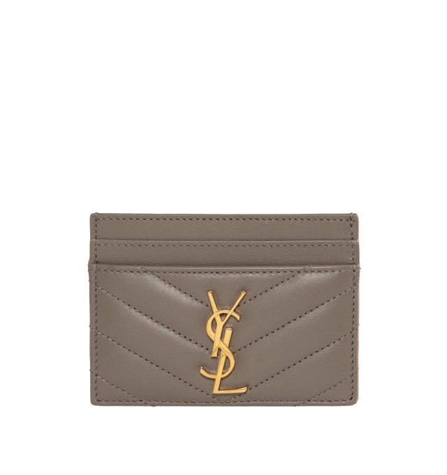 Image 1 of 3 - GREY - SAINT LAURENT Monogram Card Case featuring five card slots, gold tone hardware, cassandre and chevron-quilted overstitching. 4 X 2.8 X 0.1 inches. 100% lambskin. Made in Italy.  