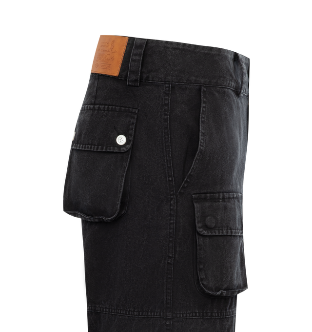 Image 3 of 3 - BLACK - UNTITLED ARTWORKS Cargo Shorts featuring a relaxed fit with wide legs, below-the-knee length, a button and zip closure, drawstring cuffs and pockets throughout. 100% cotton.  