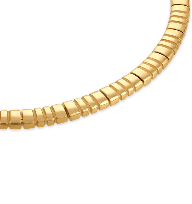 Image 2 of 2 - GOLD - Pamela Zamore Orla Collar necklace, finely crafted in Rhode Island from dand-finished 18k gold. Measures 16 inches.  A linear pattern of golden ridges enwrap the powerful, elegant lines of Orla. Named after the Irish word for golden princess, the Orla pieces were designed to reign for years to come. Hirshleifers offers a range of pieces from this collection in-store. For personal consultation and detailed information about jewelry, please contact our dedicated stylist team at personals 