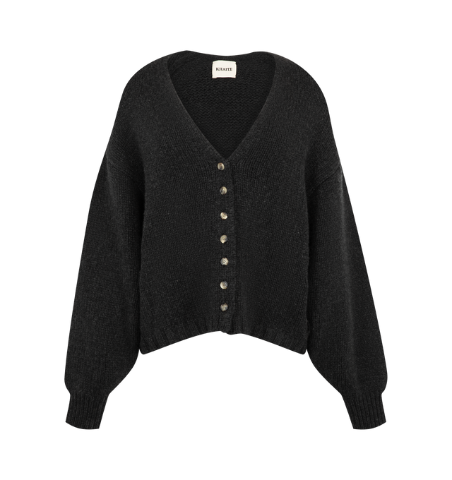 Image 1 of 2 - BLACK - Khaite Womens Axel Cardigan is crafted from dense heritage cashmere. Features a slightly cropped silhouette, deep V-neckline, button-front closure, long sleeves, and ribbed trims. Main Material: 100% Cashmere. Made in Mongolia. 