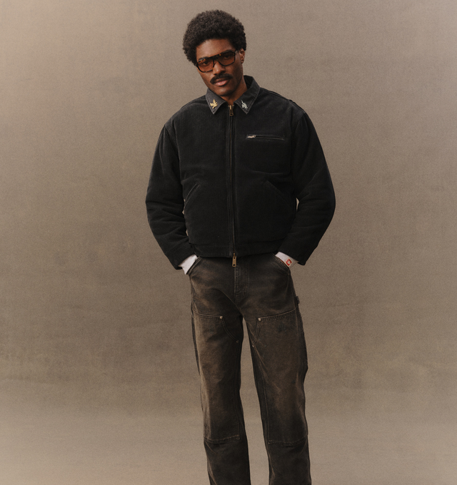 Image 6 of 7 - BLACK - Cherry LA Men's Corduroy Work Jacket is crafted from cotton corduroy and features a vintage-washed finish, a canvas collar, and a nickel zip closure at the front. Designed with double welt chest pockets with zip closures, side welt pockets, distressed detailing, and a screen-printed graphic at the back, this workwear-inspired style is finished with custom branded hardware and a removable eagle pin at the collar. Main Material: Cotton. Made in Los Angeles, USA. 