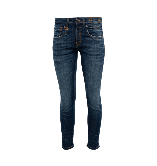 BLUE - R13 Boy Skinny featuring belt loops, zip fly and button closure, five pocket styling, mid-rise, skinny silhouette and stretch denim. 98% cotton, 2% elastane.