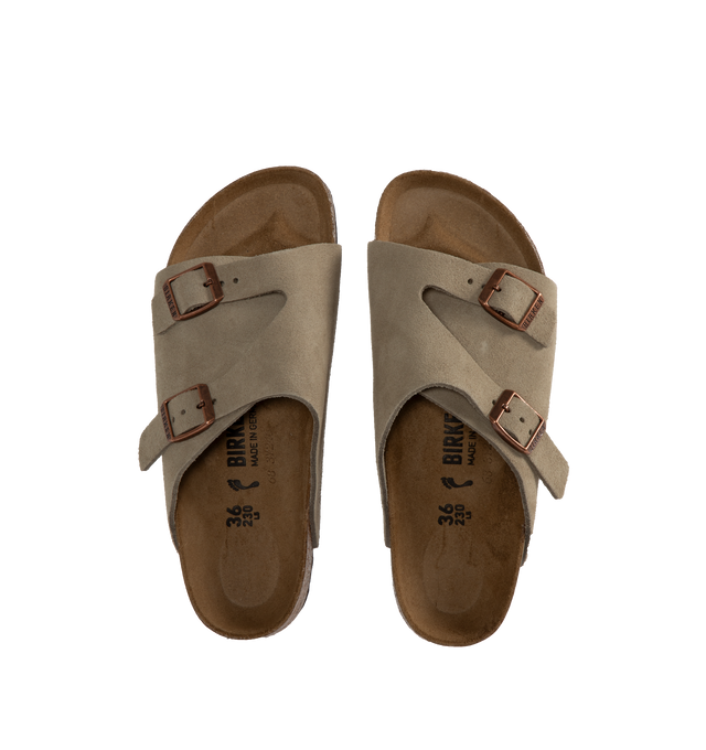 Image 4 of 4 - BROWN - BIRKENSTOCK Zurich Sandal featuring dual straps at vamp with adjustable metal pin buckle, anatomically shaped cork-latex footbed, pronounced arch support, roomy toe box and narrow fit. Suede upper with EVA sole. 