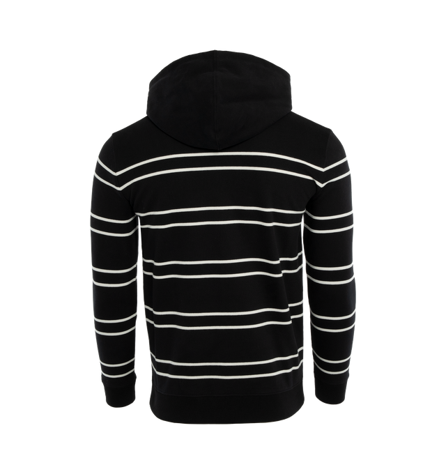 Image 4 of 4 - BLACK - SAINT LAURENT Striped Hoodie featuring embroidered logo at the chest, horizontal stripe pattern, drawstring hood, long sleeves, front pouch pocket and ribbed cuffs and hem. 100% cotton. 