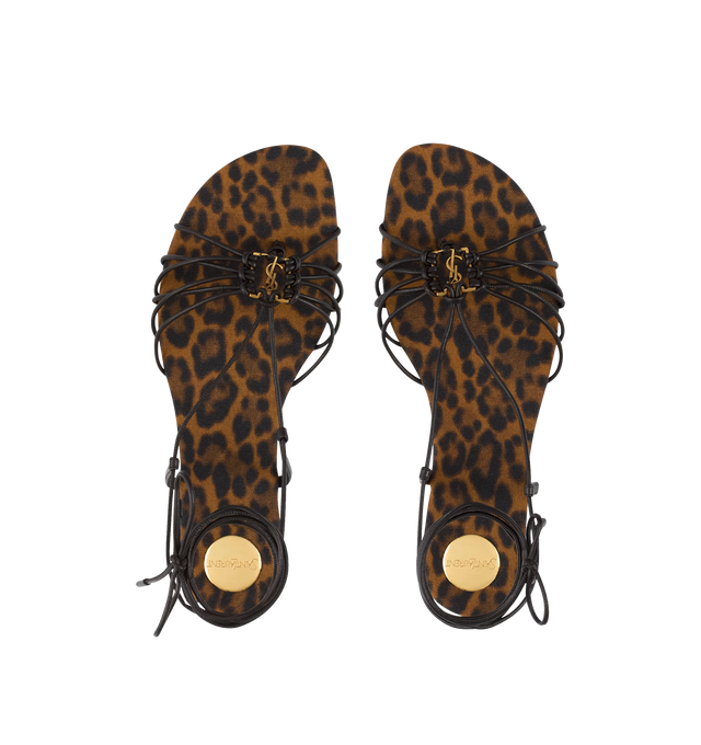 Image 3 of 3 - BROWN - SAINT LAURENT Babylone Sandals featuring an almond toe, lace-up ankle straps, round saint laurent-engraved metal plaque on the insole, leopard-print grosgrain insole and leather sole. Lambskin, viscose, metal. Made in Italy. 