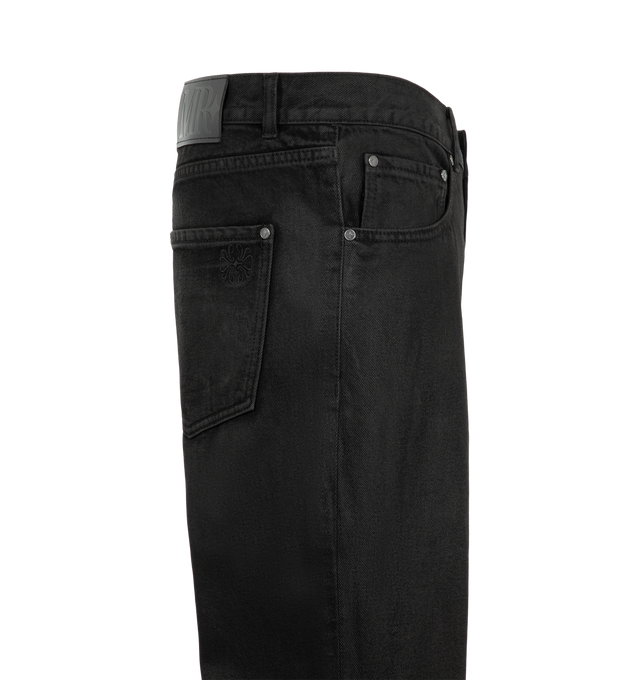Image 3 of 3 - BLACK - Midnight Rodeo "Texoma" Waxed Denim Jeans are crafted from denim and feature a waxed finish. Designed with a modern bootcut silhouette and finished with a signature leather back tab, these jeans blend vintage Western influences with contemporary proportions. Main Material: Cotton Denim. Fit: True to Size. 