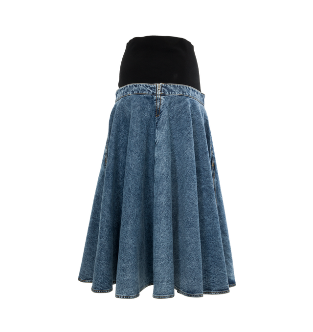 Image 2 of 4 - BLUE - ALAIA Band Skirt featuring ribbed band top, denim full skirt, side slit pockets and midi length. 100% cotton.  