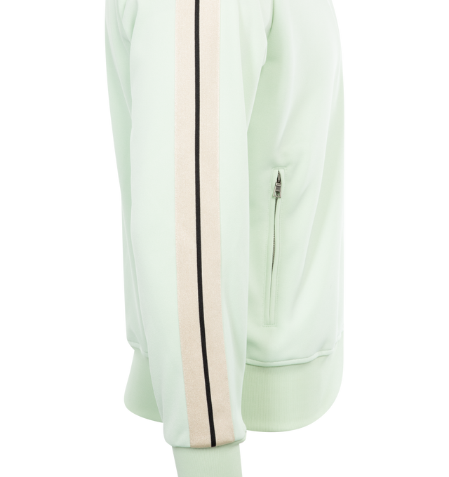 Image 3 of 3 - GREEN - PALM ANGELS Classic Logo Track Jacket featuring rib knit stand collar, hem, and cuffs, zip closure, logo embroidered at chest, zip pockets and striped trim at sleeves. 100% polyester. Made in Italy. 