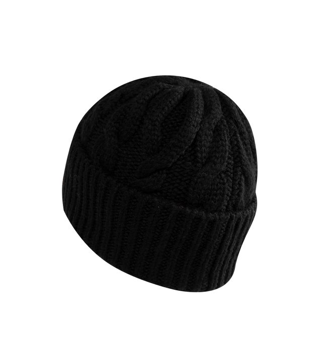 Image 2 of 2 - BLACK - Moncler Grenoble Women's Wool Blend Cable Knit Hat is crafted from a wool blend and features a classic cable-knit construction inspired by alpine textures. Designed as a timeless cold-weather accessory, this beanie is finished with a folded rib-knit cuff and a Moncler Grenoble logo patch at the front. Main Material: Wool Blend.  
