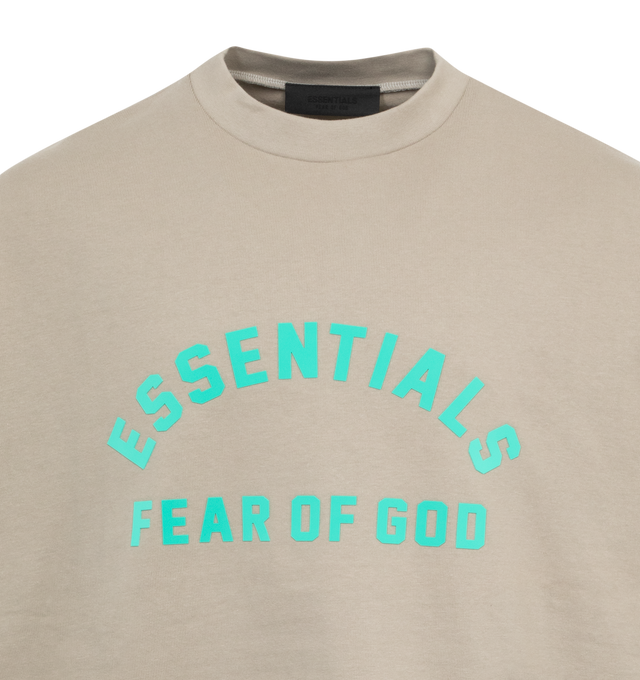 Image 2 of 2 - GREY - FEAR OF GOD ESSENTIALS Crewneck T-Shirt featuring rib knit crewneck, logo bonded at front, dropped shoulders, dolman sleeves and rubberized logo patch at back. 100% cotton. Made in Viet Nam. 