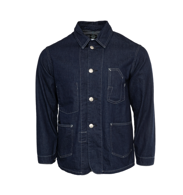 BLUE - POST O'ALLS No.1 Jacket with a simple, yet refined 1910-20s style 3-pocket design. Crafted from Indigo blue 100% cotton, unlined with contrast stitching. Made in Japan. 