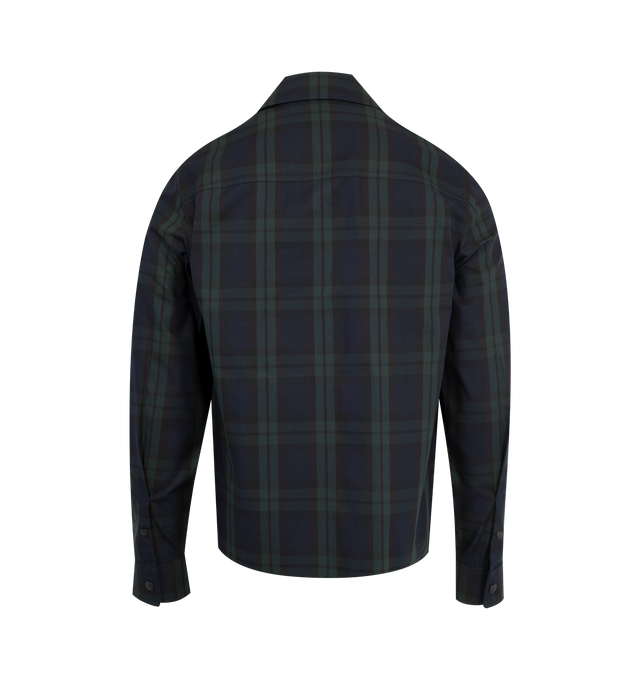Image 2 of 3 - NAVY - MONCLER Checked Cotton Gabardine Shirt featuring check cotton gabardine, collar, long sleeves, zipper closure, pockets with snap button closure, chest pocket and logo patch. 100% cotton. 