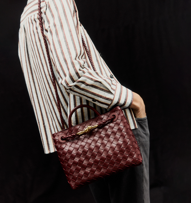 Image 3 of 6 - BROWN - Bottega Veneta small Andiamo handbag featuring intrecciato leather with leather top handle, sliding cross-body strap, compartmented interior with one zippered pocket, two open pockets and magnetic closure. 7.9" x 9.8" x 3.9". 100% lambskin. Made in Italy. 