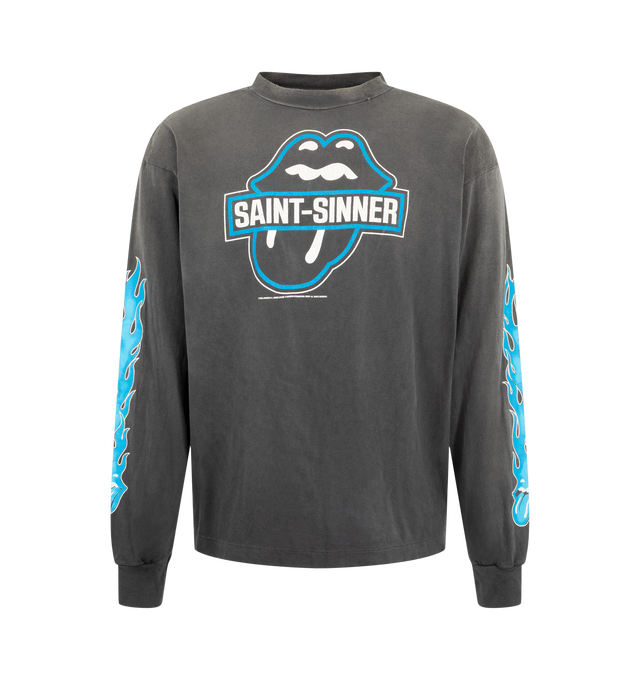Image 1 of 3 - GREY - Saint Mxxxxxx x The Rolling Stones Men's 'Saint-Sinner' Long-Sleeved Shirt is crafted from cotton and features exclusive The Rolling Stones graphics with artwork printed throughout. Designed with a classic crew neckline, long sleeves, and a relaxed fit. Main Material: 100% Cotton. Made in Japan. 