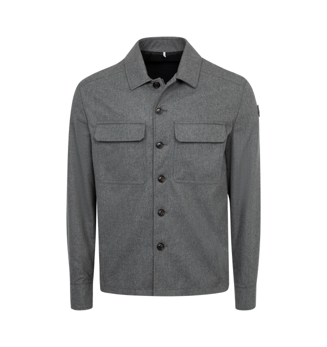 Image 1 of 2 - GREY - MONCLER Shirt Jacket featuring button front closure, two front patch pockets with flap closure, collar and logo patch.  