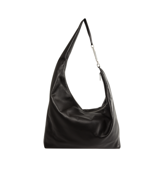 Image 1 of 3 - BLACK - Rick Owens Gemini Bag is crafted from glossy butter calf leather and features a large, soft A-shaped silhouette with a slouched center and curved shoulder strap. Designed with a top zip closure, Gemini double-ended snap hook engraved with the Rick Owens logo, an interior pouch pocket, and an exterior flat pocket with signature U-shaped stitching detail. Main Material: 100% Calf Leather. Dimensions: 54 cm x 38 cm x 12 cm. Fits: 13"16" laptop, documents, tablet, wallet, phone, water b 