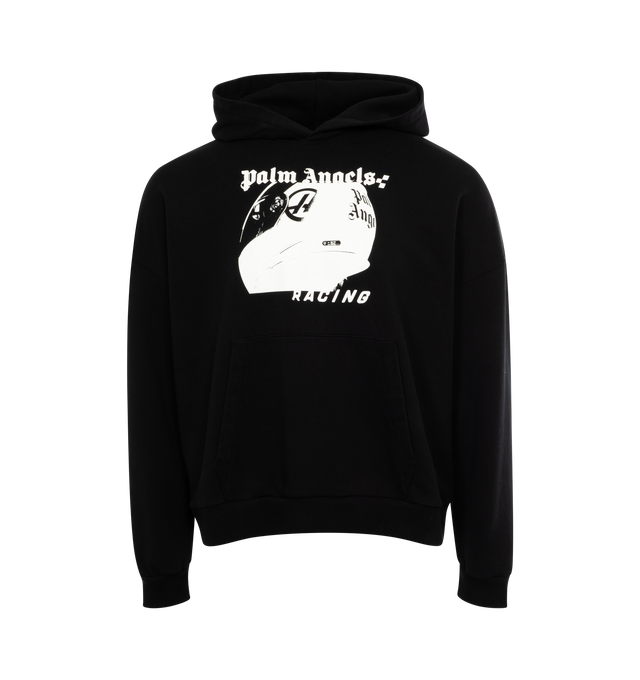 Image 1 of 2 - BLACK - PALM ANGELS PA Racing Helmet Hoodie featuring graphic print to the front, classic hood, front pouch pocket, drop shoulder, long sleeves and straight hem. 100% cotton.  