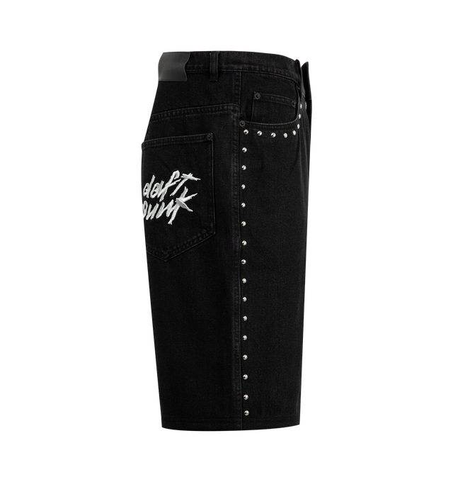 Image 3 of 3 - BLACK - PLEASURES X DAFT PUNK Lucky Studded Jorts featuring midweight denim fabric, button closure with zip fly, belt loops, 5 pockets, studded detailing along side pockets and outseam, leather Pleasures wordmark patch on back and embroidered Daft Punk logo on back right pocket. 100% cotton. 