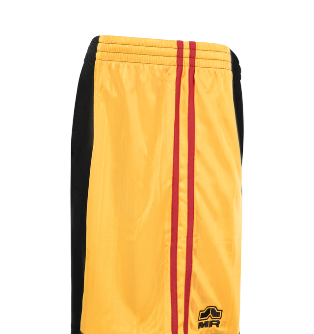Image 3 of 3 - BLACK - MARTINE ROSE Collage Football Shorts featuring lightweight mesh shorts, concealed drawstring at elasticized waistband, logo embroidered at front cuff, piping at outseam and stripe appliqus at outseam. 100% polyester. Made in Portugal. 