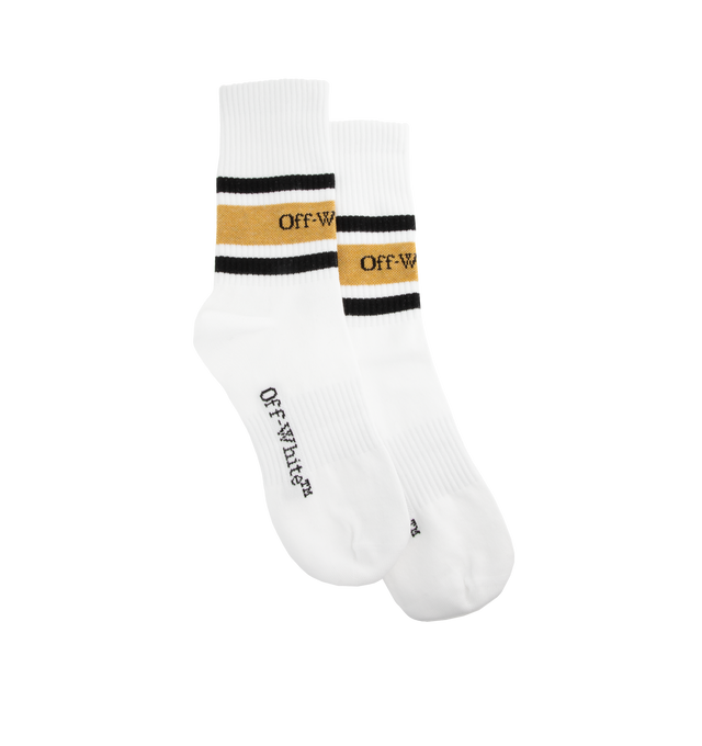 Image 1 of 2 - WHITE - OFF-WHITE Stripes Logo Socks featuring calf-high knit stretch, jacquard logo at rib knit cuffs and jacquard logo at sole. 70% cotton, 27% polyamide, 3% elastane. Made in Italy. 