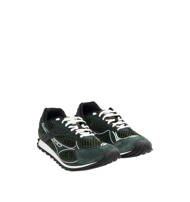 Image 2 of 5 - GREEN - BOTTEGA VENETA Sneakers featuring mechanical textile upper, rubber sole, lace-up front, padded collar and tongue with Bottega Venneta logo detail at tongue. Made in Italy. 