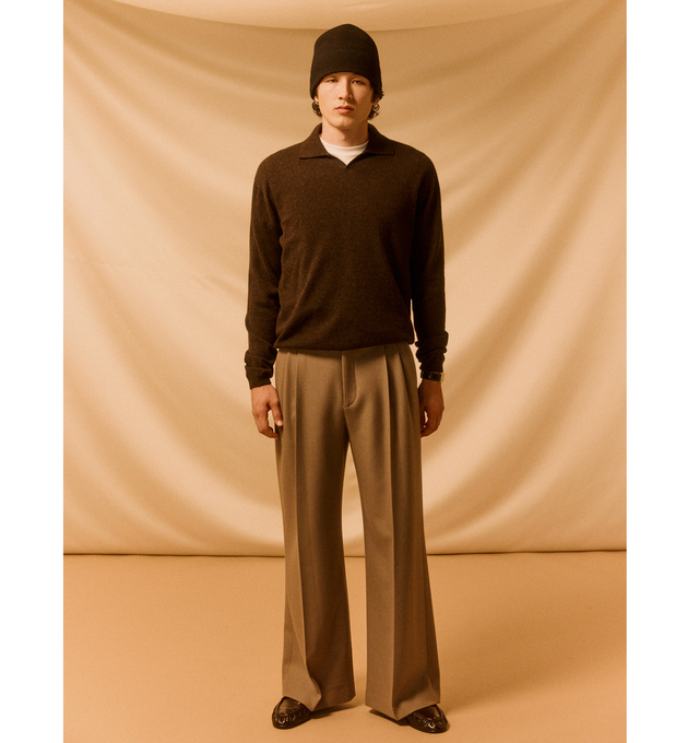 Image 2 of 4 - BROWN - THE ROW Oberyn Pant featuring mid-rise tailored trouser in lightweight virgin wool and cashmere twill with wide leg, pressed front and back creases and slanted side pockets. 88% wool, 12% cashmere. Lined in 100% cotton. Made in Italy. 