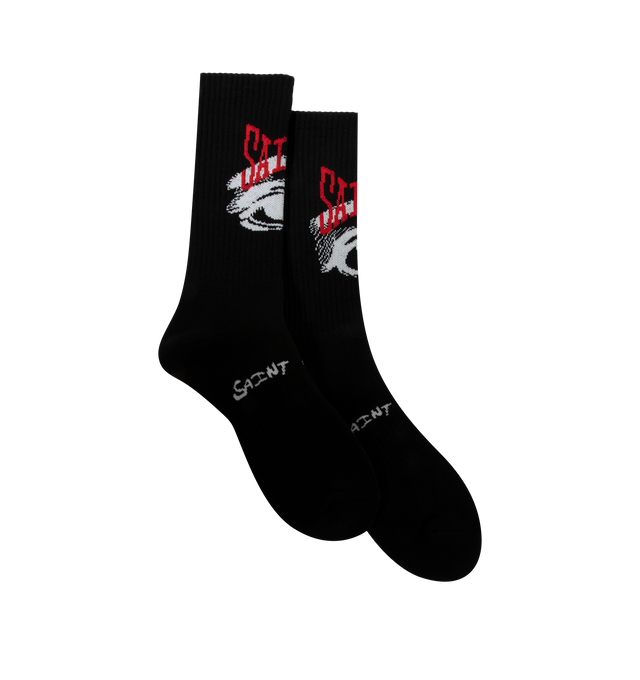 Image 1 of 3 - BLACK - Saint Michael Mens Socks are crafted from a durable cotton-blend knit. Feature ribbed detailing, stitched branding and imagery, and a comfortable stretch fit. Main Material: Cotton, Polyester, Nylon, and Elastane Blend. Made in the USA. 