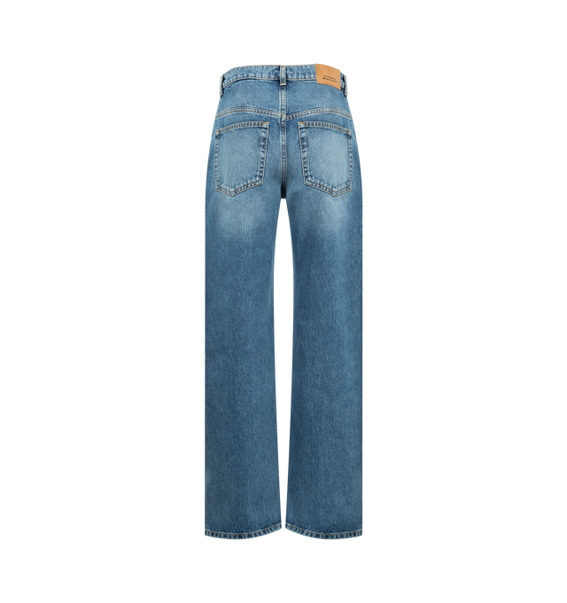 Image 2 of 3 - BLUE - ISABEL MARANT Dromie Jean featuring 5-pocket straight-leg cotton denim jeans, fitted waistband with loops, "Isabel Marant" engraved metal button and concealed zipper fly, leather label in back with an embossed "Isabel Marant" logo, relaxed straight legs and medium-rise waist. 100% cotton. 