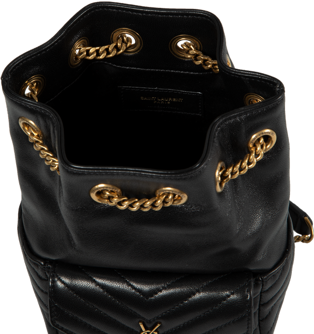 Image 3 of 3 - BLACK - SAINT LAURENT Joe Quilted Crossbody featuring chevron quilting, signature YSL logo plaque, drawstring fastening, front flap pocket, chain-link shoulder strap, main compartment and internal logo patch. 4.33 x 6.69 x 4.72 inches. Strap: 20.47 inches. 100% calf leather. 