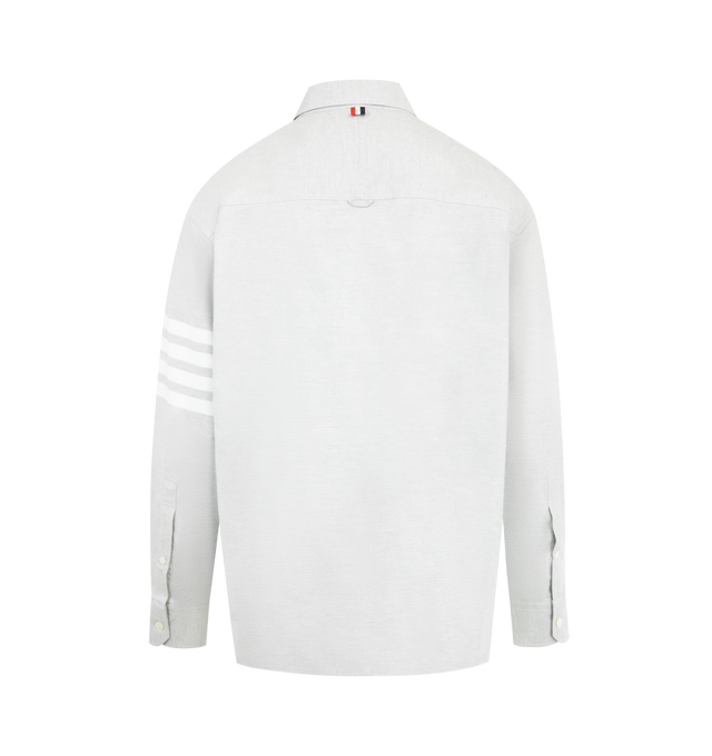 Image 2 of 2 - GREY - THOM BROWNE Woven Flannel Shirt featuring an oversized, roomy fit, front button closure, 4-bar detailing, buttoned front chest pocket, pleated back yoke with locker loop and signature striped grosgrain loop tab. 100% cotton. Made in Italy. 