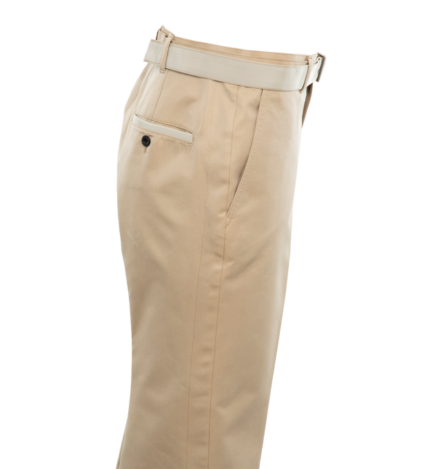 Image 3 of 4 - NEUTRAL - SACAI Cotton Gabardine Pants featuring concealed front hook and zip closure, includes matching adjustable belt and two side pockets. 63% cotton, 37% polyester. Made in Japan. 