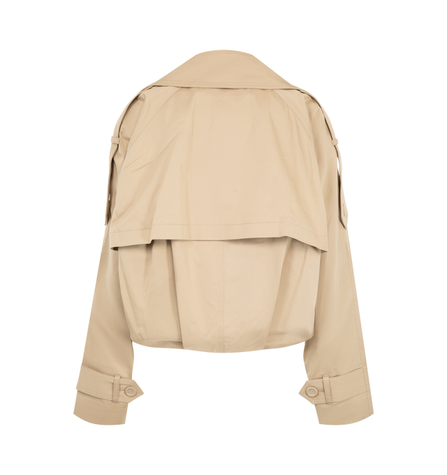 Image 2 of 3 - NEUTRAL - Acne Studios Womens Short Trench Coat is crafted from cotton twill. Features a relaxed fit, below-waist length, wide lapels, epaulettes, side pockets, sleeve tabs, balloon hem, and Acne Studios logo at the back neckline. Main Material: 99% Cotton, 1% Elastane; Lining: 100% Cotton. Made with organically grown cotton. Made in Portugal. 