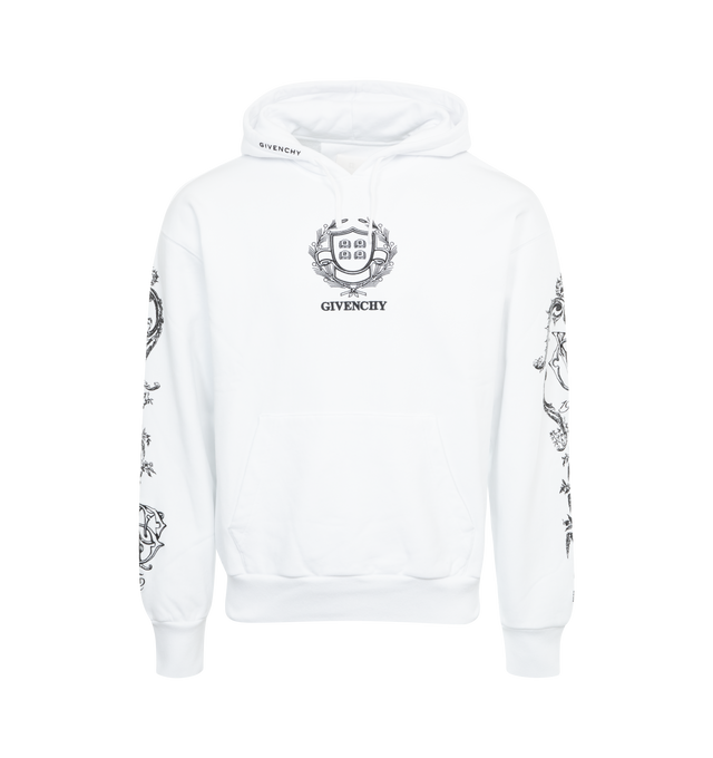 WHITE - GIVENCHY Boxy Fit Hoodie featuring drawstring at hood, graphic at chest, kangaroo pocket, rib knit hem and cuffs and logo patch at back. 100% cotton. Made in Portugal.