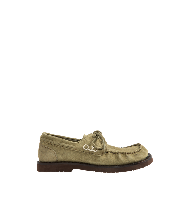 Image 1 of 4 - GREEN - JW Anderson Women's Ruffle Suede Boat Shoes are crafted in Italy from premium suede and feature a contemporary boat shoe silhouette enhanced with layered suede ruffles. Designed with a lace-up closure, blind-embossed JWA logo, and a refined fit focused on comfort, the shoes reinterpret a classic style through the brand's signature playful detailing. Main Material: 100% Split Cow Suede. Made in Italy. 