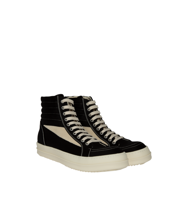 Image 2 of 5 - BLACK - DRKSHDW Vintage High Sneakers featuring lace-up closure, quilted padded collar, graphic calfskin suede appliqu at sides, twill lining, treaded thermoplastic rubber sole and contrast stitching in white. Organic cotton. Sole: thermoplastic rubber. Made in Italy. 