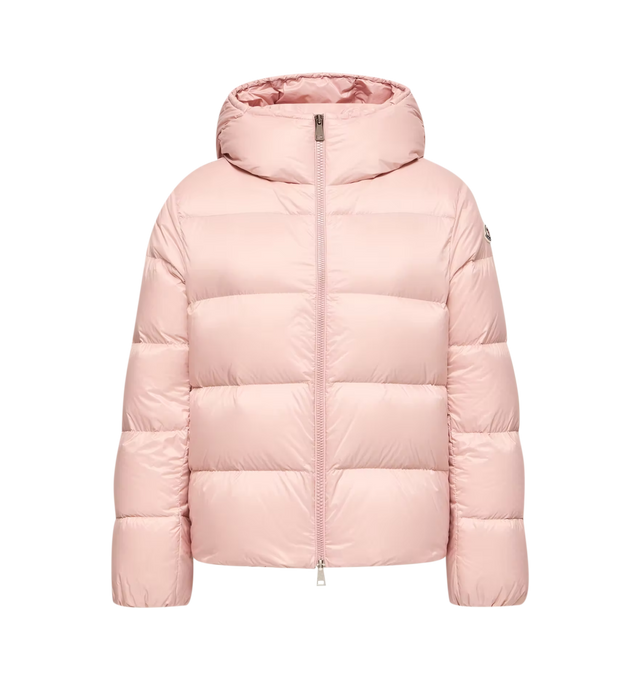 Image 1 of 1 - PINK - Moncler Women's Feligule Hooded Short Down Jacket is crafted from lightweight nylon and features a streamlined padded silhouette designed for everyday warmth. This short down jacket is finished with a hood, high collar, and front zip closure for enhanced protection in cooler weather. The clean, minimalist design balances functional performance with Moncler's signature refined outerwear aesthetic. Main Material: 100% Polyamide/Nylon. Hood: Attached Hood. Collar: High Collar. Closure: Fr 