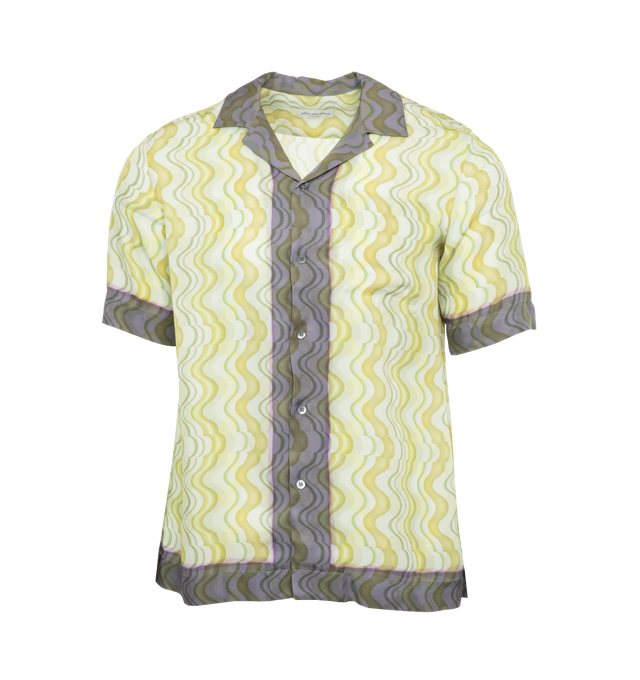 Image 1 of 3 - YELLOW - DRIES VAN NOTEN Graphic Shirt featuring graphic pattern printed throughout, open spread collar, button closure, patch pocket at chest, vented side seams and twin pleats at back yoke. 100% viscose. Made in Tunisia. 