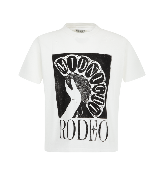 Image 1 of 2 - WHITE - Midnight Rodeo Men's 'Box Office' T-Shirt is crafted from cotton and features a classic-fit silhouette, short sleeves, and graphic designs on the front and back. Main Material: Cotton. 